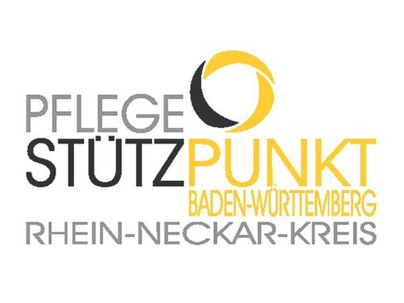 Das Bild zeigt das Logo des Pflegestützpunkts Baden-Württemberg im Rhein-Neckar-Kreis, mit einem grafischen Element in Form eines gelben und grauen Kreises.