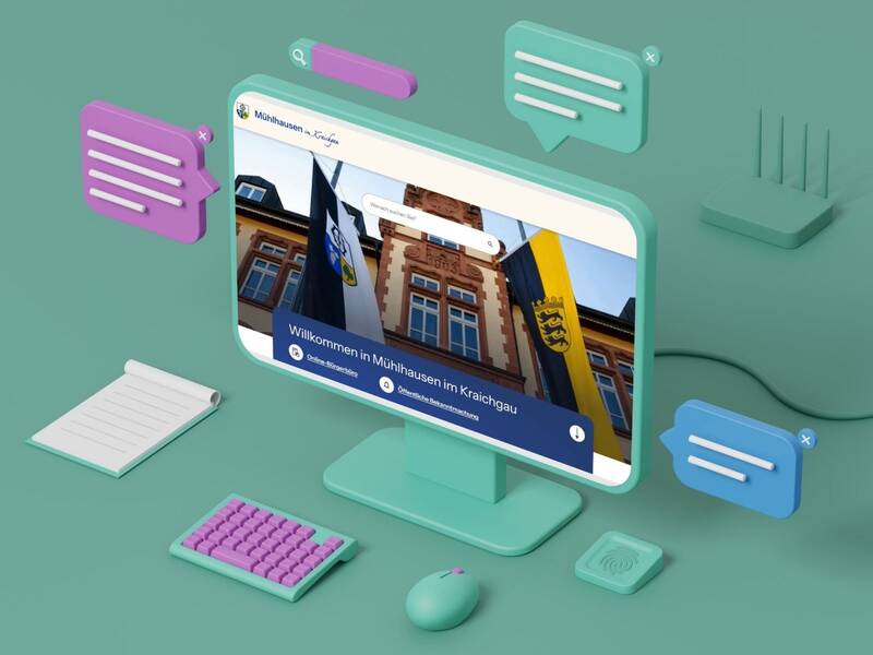 Eine stilisierte, mintgrüne Computergrafik zeigt eine Webseite über "Mühlhausen im Kraichgau" mit Fahnen im Hintergrund, umgeben von Sprechblasen, einer Tastatur und einer Maus.