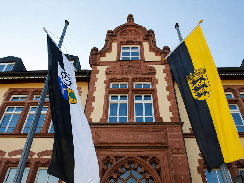 Eine historische Gebäudefront mit der Aufschrift "Rathaus 1903" und zwei Flaggen, eine schwarz-weiß mit Wappen und eine schwarz-gelb, die davor wehen.