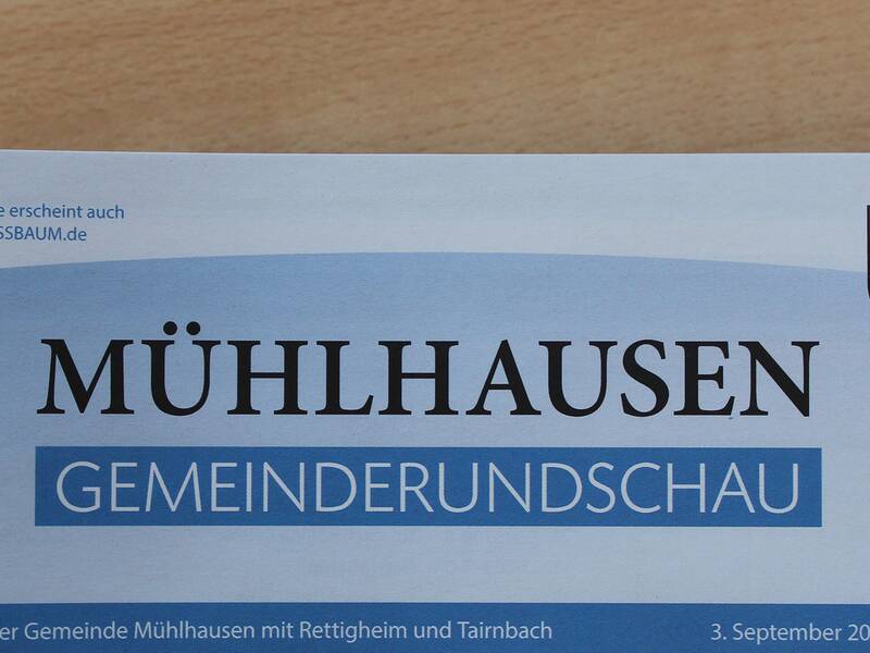 Titelblatt der "Mühlhausen Gemeinderundschau" mit einem Wappen oben rechts und dem Veröffentlichungsdatum 3. September 2026.