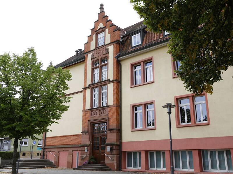 Ein dreistöckiges Schulgebäude mit gelber Fassade und roten Fensterumrahmungen im historischen Stil steht neben einem großen Laubbaum.